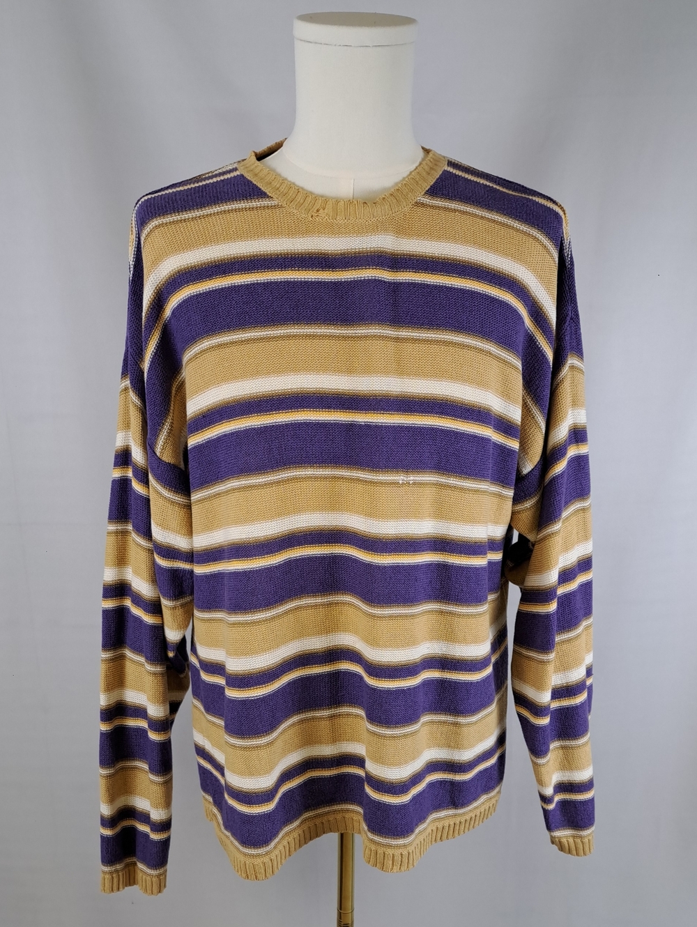 GAP 90s Style Grunge Stripe Linen Blend Sweater Size L Blue Tan White Distressed